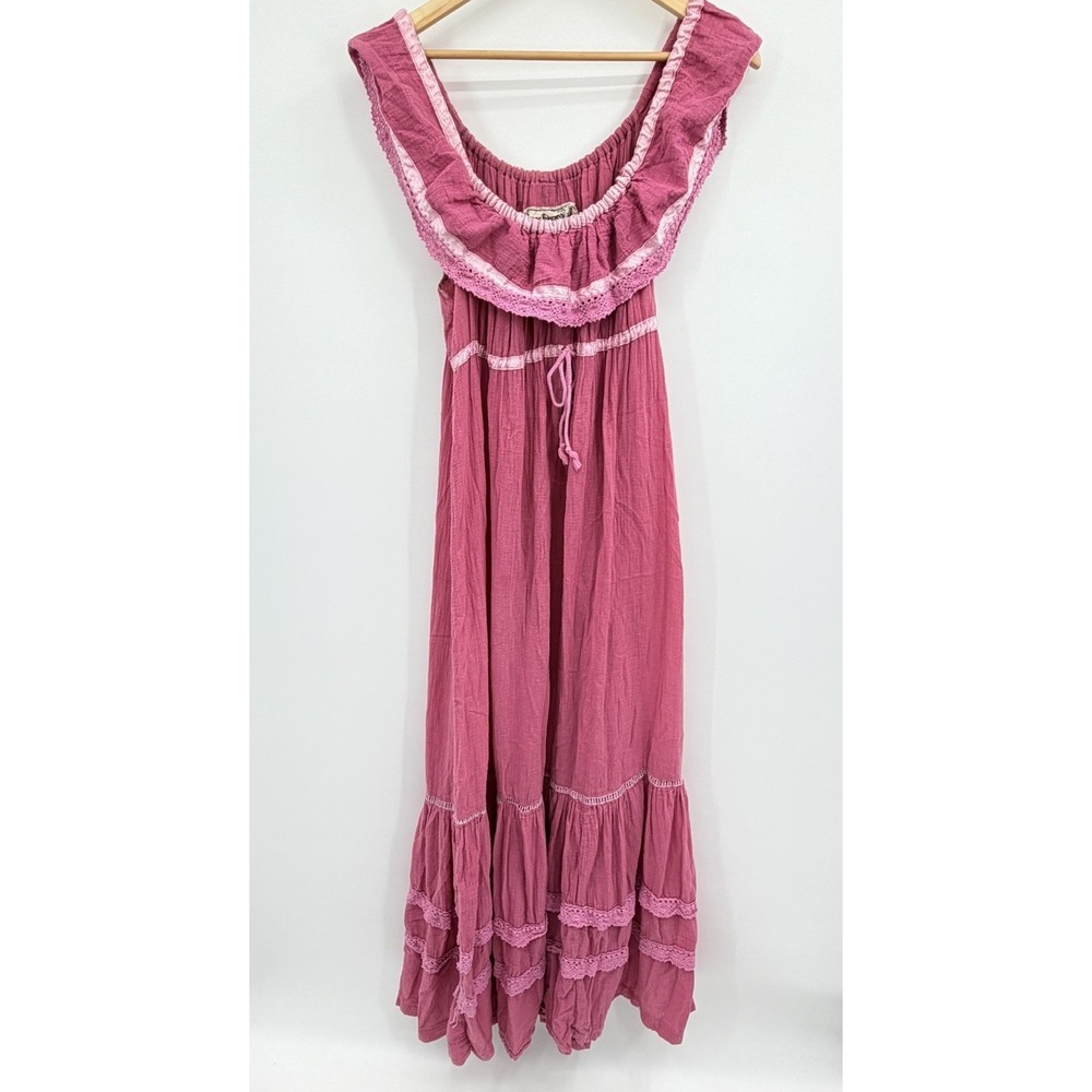 Vtg Young Edwardian by Arpeja Pink Maxi Gauze Peasant Dress Prairie Cottagecore
